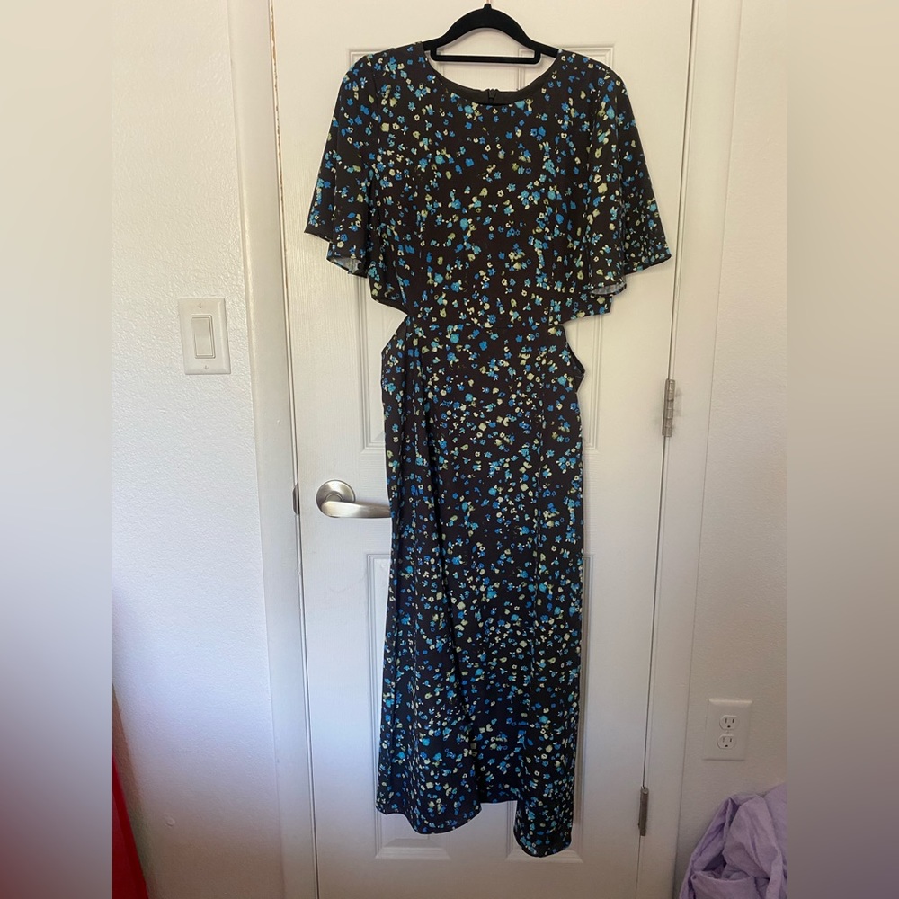 French Connection midi dress, size 8, black with blue floral